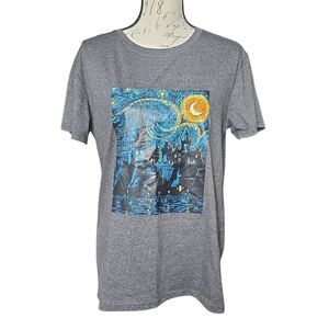 Women's Size Large Gray Blue Starry School Print Short Sleeve T-shirt